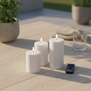 LED-stompkaarsen van echte was met 3D-vlam en afstandsbediening op houten tafel buiten