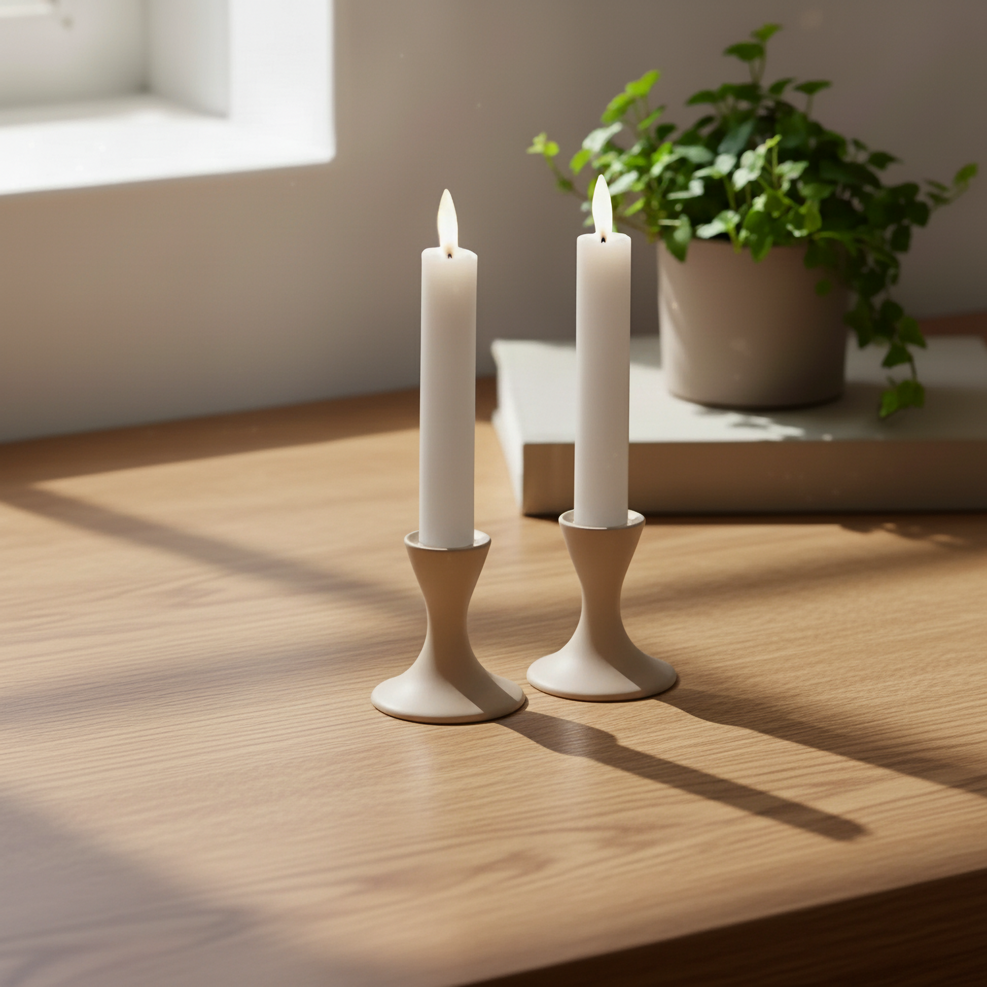 Twee LED dinerkaarsen van Nordic Flame in beige kandelaars op houten tafel, daglicht, plant op achtergrond