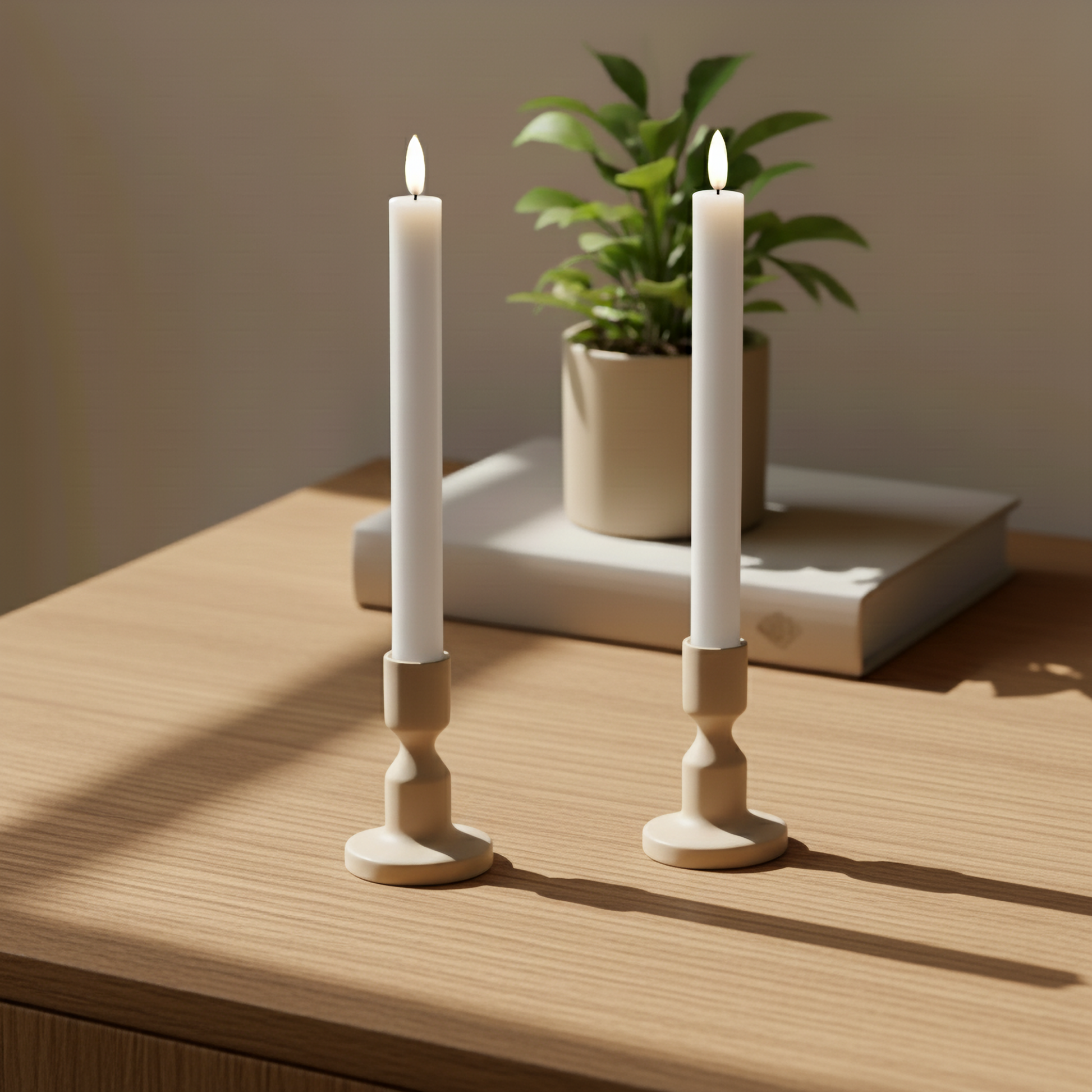 Twee LED-dinerkaarsen met 3D-vlam op houten tafel, plant en boek op achtergrond, Nordic Flame
